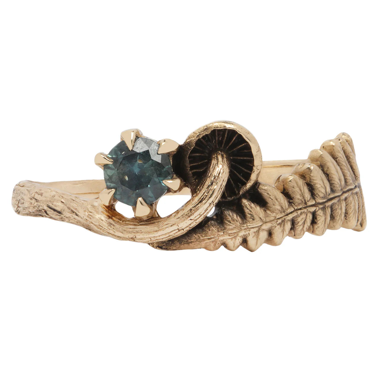 14K Yellow Gold Fern & Mushroom Ring Australian Sapphire with Montana Sapphire by Kimi