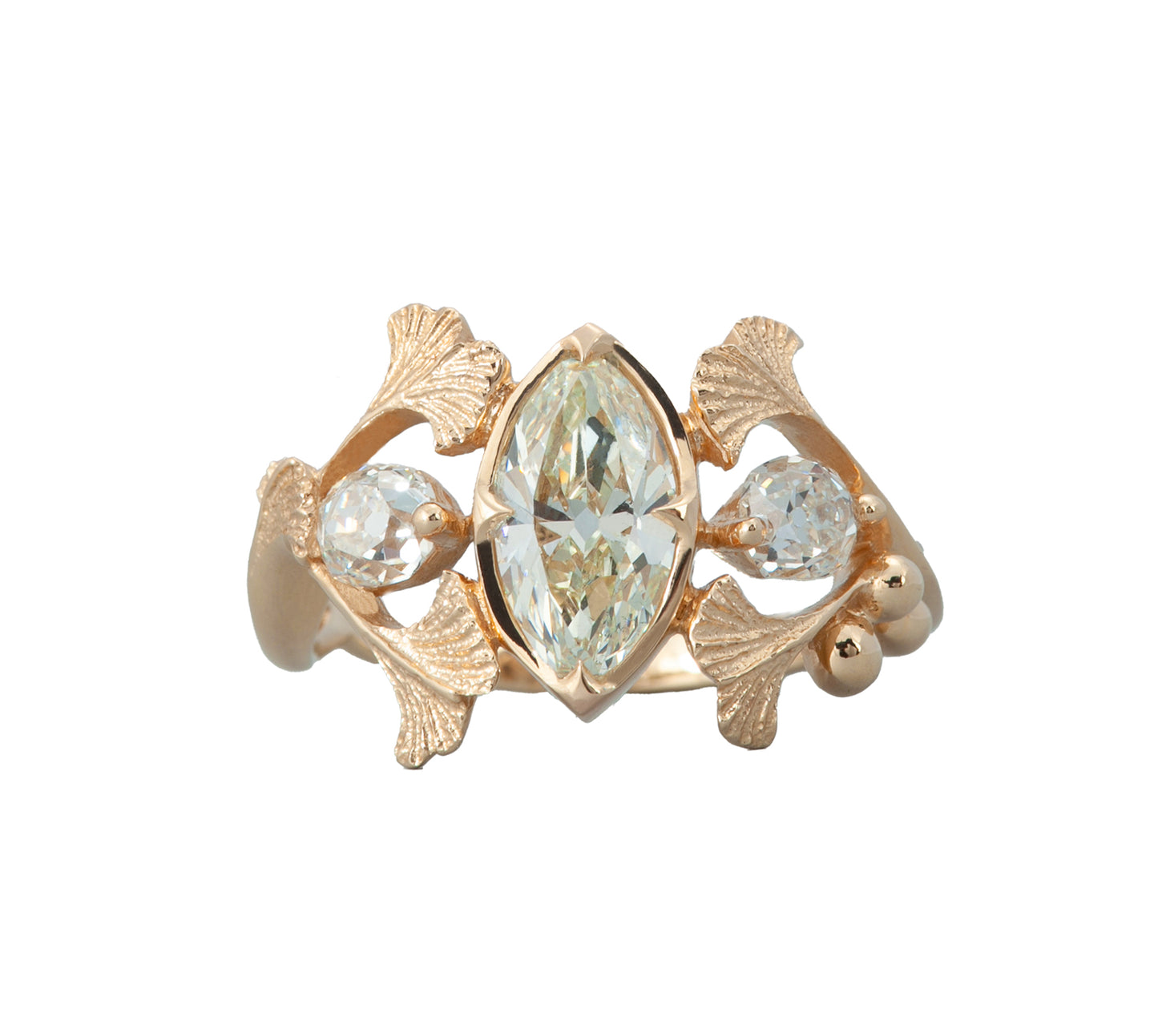 14k Yellow Gold Large Gingko Ring 1.20ct Marquise Diamond
