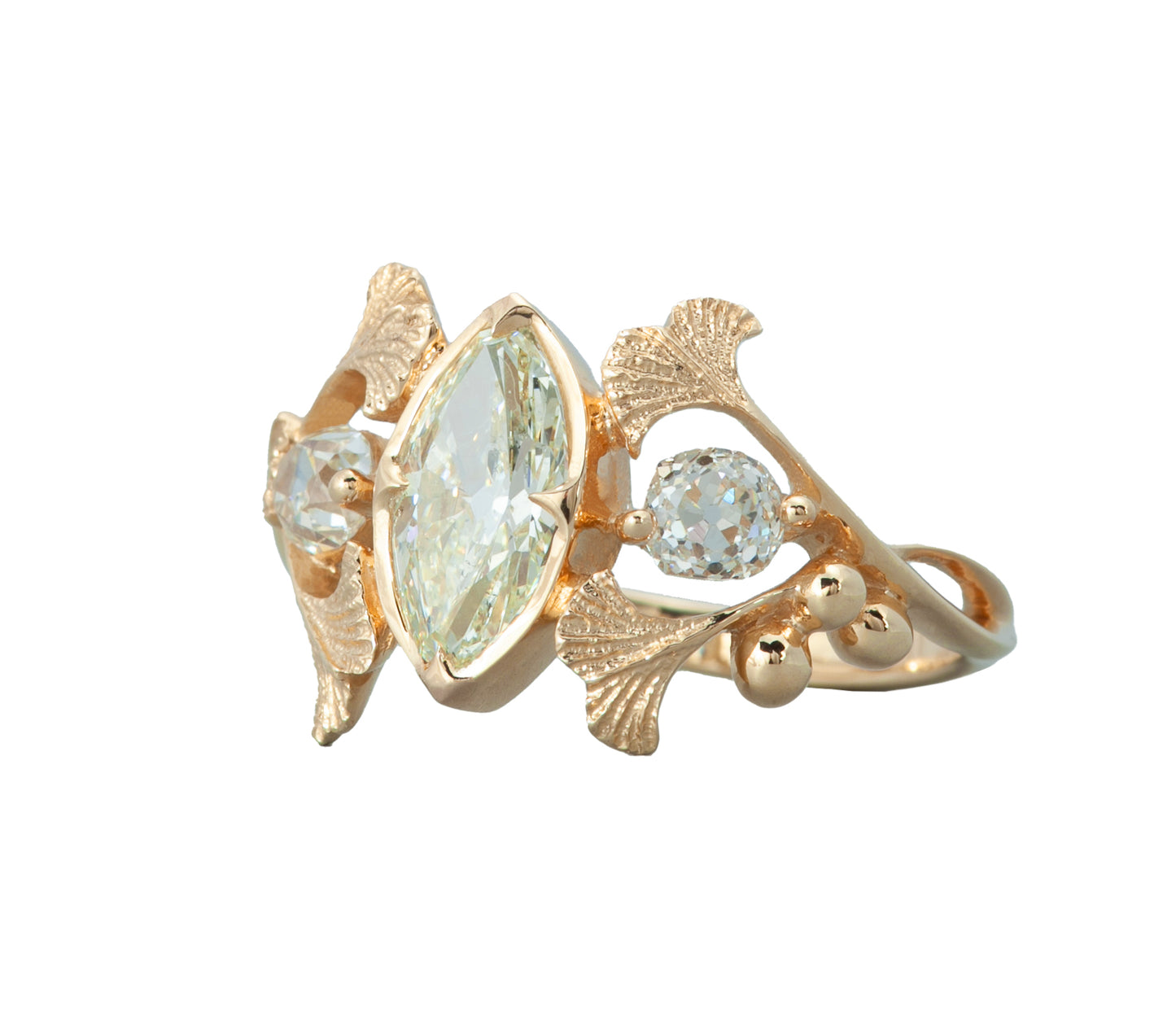 14k Yellow Gold Large Gingko Ring 1.20ct Marquise Diamond