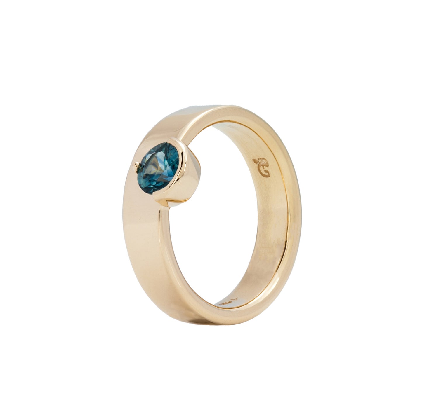 14k Yellow Gold Wide Riley Band with Teal Montana Sapphire