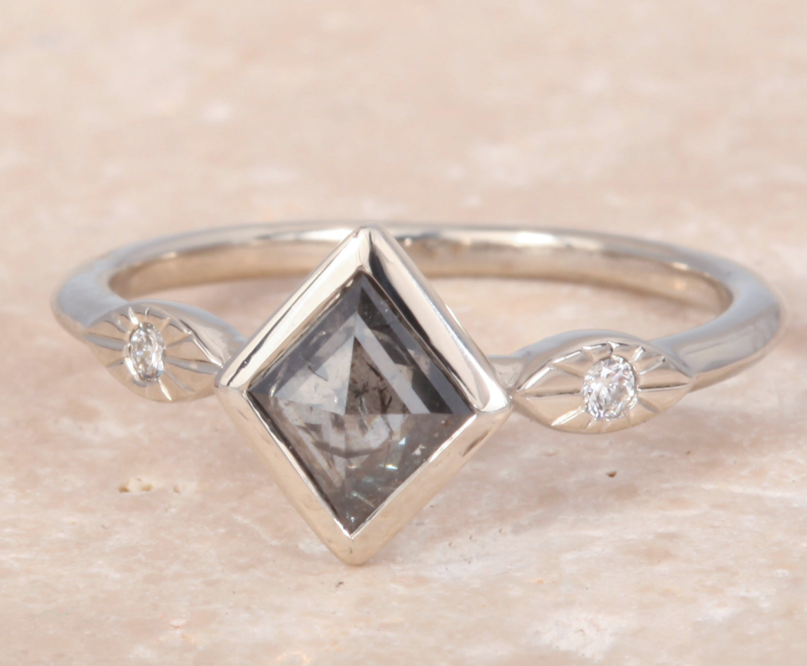 14k White Gold Lourdes Eye Ring w/ Salt and Pepper Diamond