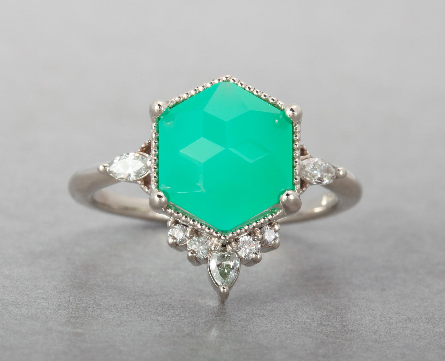 14k White Gold Chrysoprase Datura Ring
