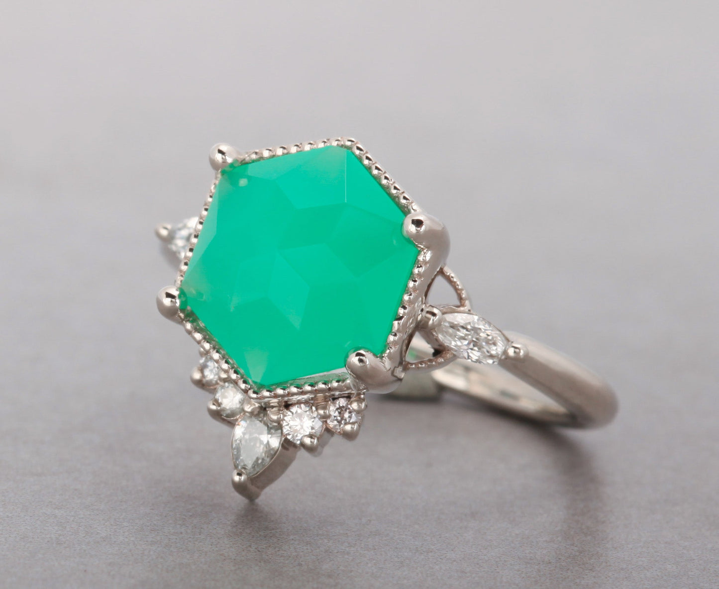 14k White Gold Chrysoprase Datura Ring