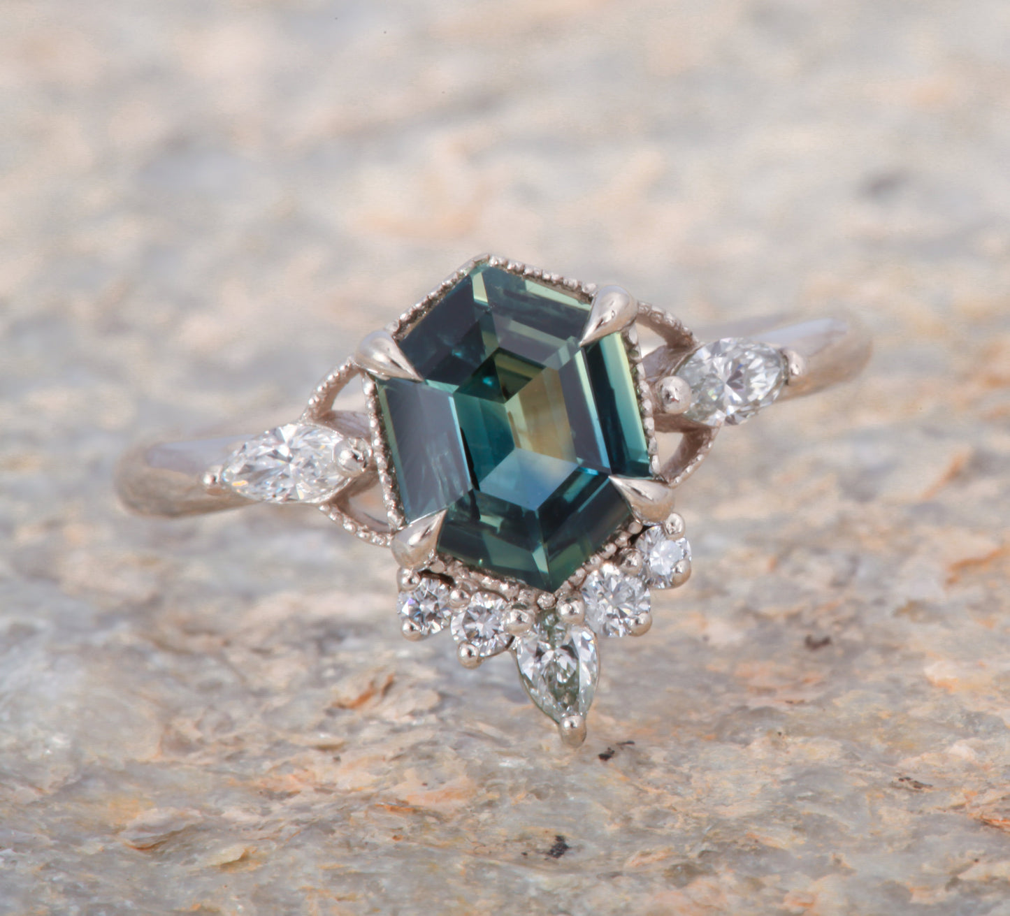 14k White Gold Teal Sapphire Datura Ring