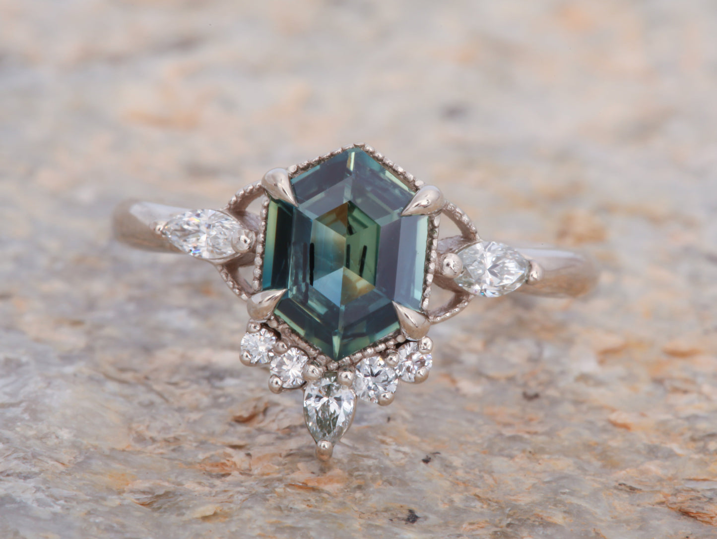 14k White Gold Teal Sapphire Datura Ring