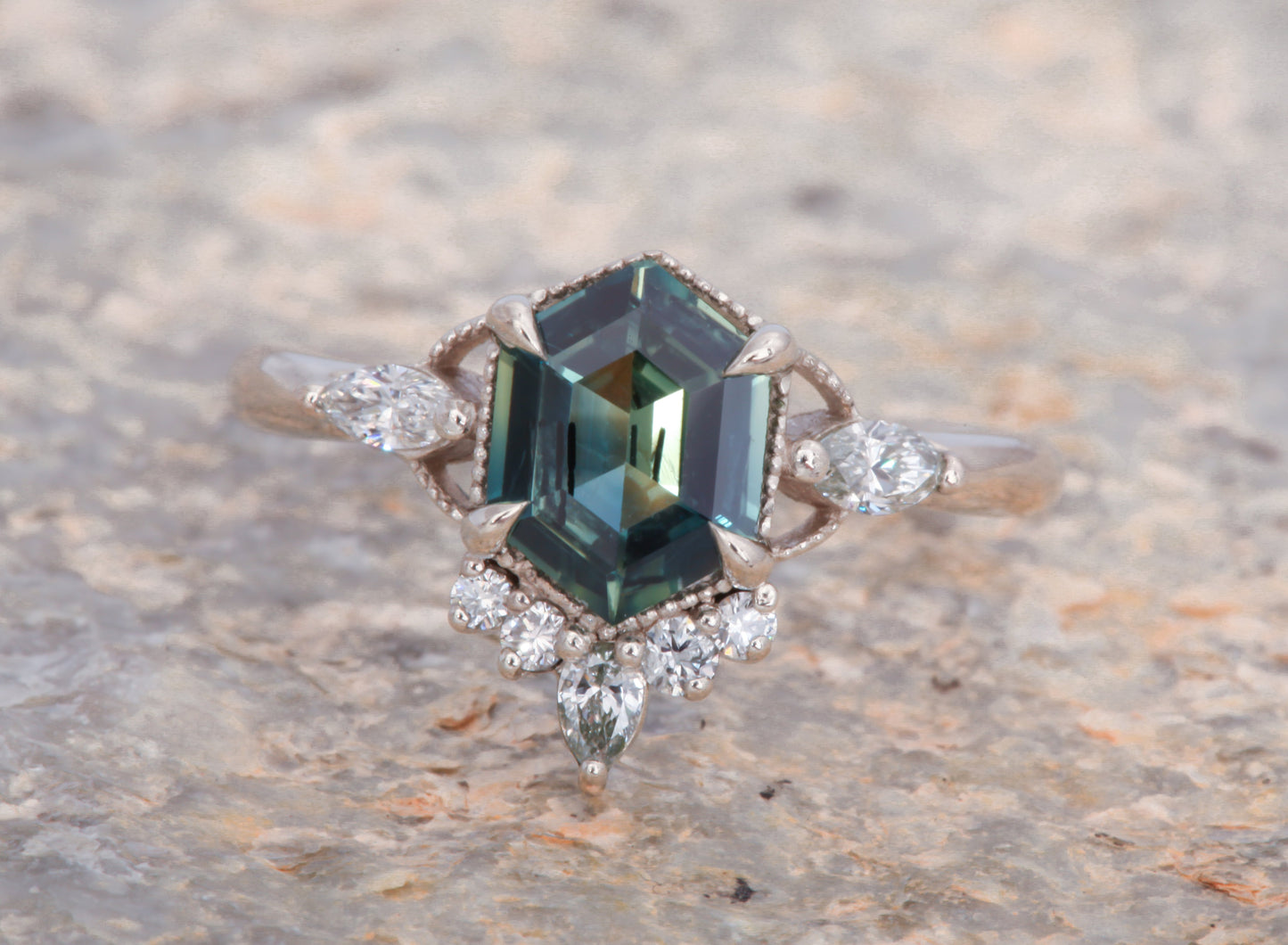 14k White Gold Teal Sapphire Datura Ring