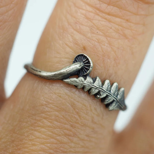 Tiny fern and mushroom ring - Sterling Silver