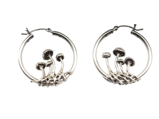 Small Mushroom Hoop Earrings - Sterling Silver