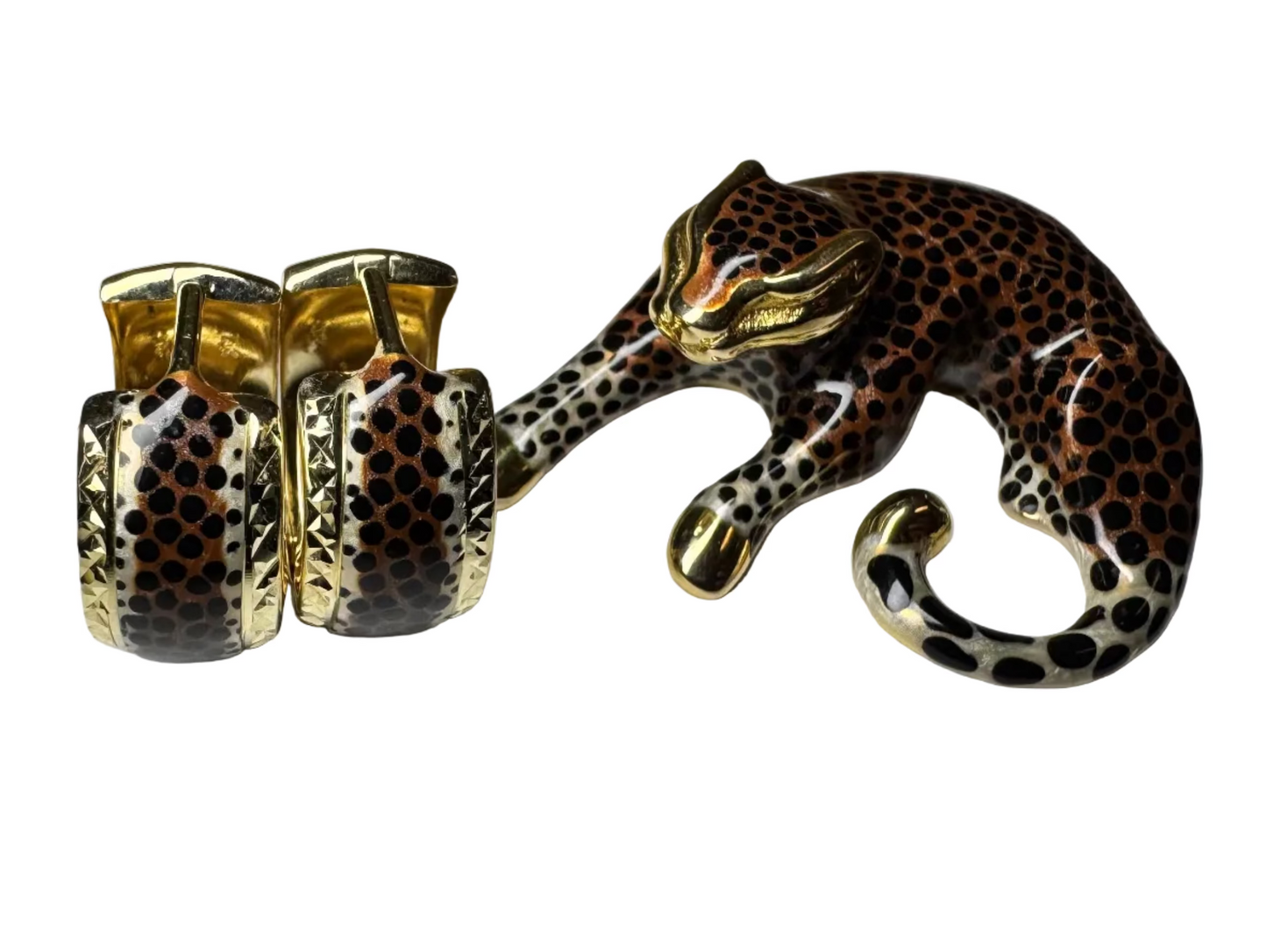 Vintage Enamel Leopard Print Hoops 14K Yellow Gold