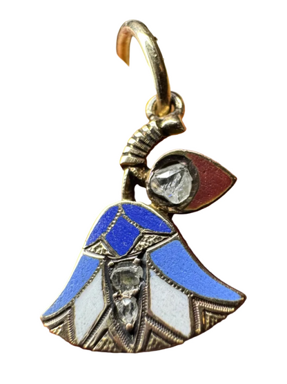 Vintage Egyptian Revival Enameled Lotus Pendant with Rough Cut Diamonds 14K Yellow Gold