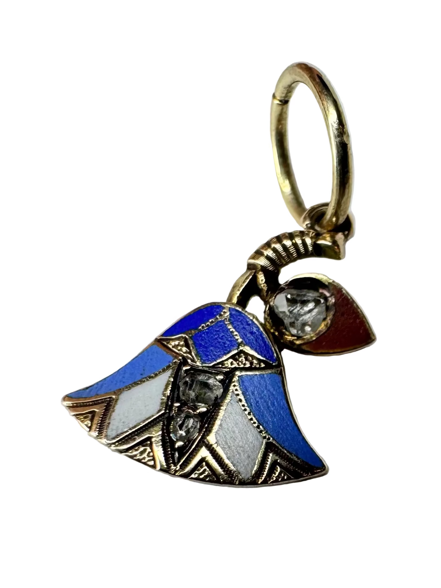 Vintage Egyptian Revival Enameled Lotus Pendant with Rough Cut Diamonds 14K Yellow Gold