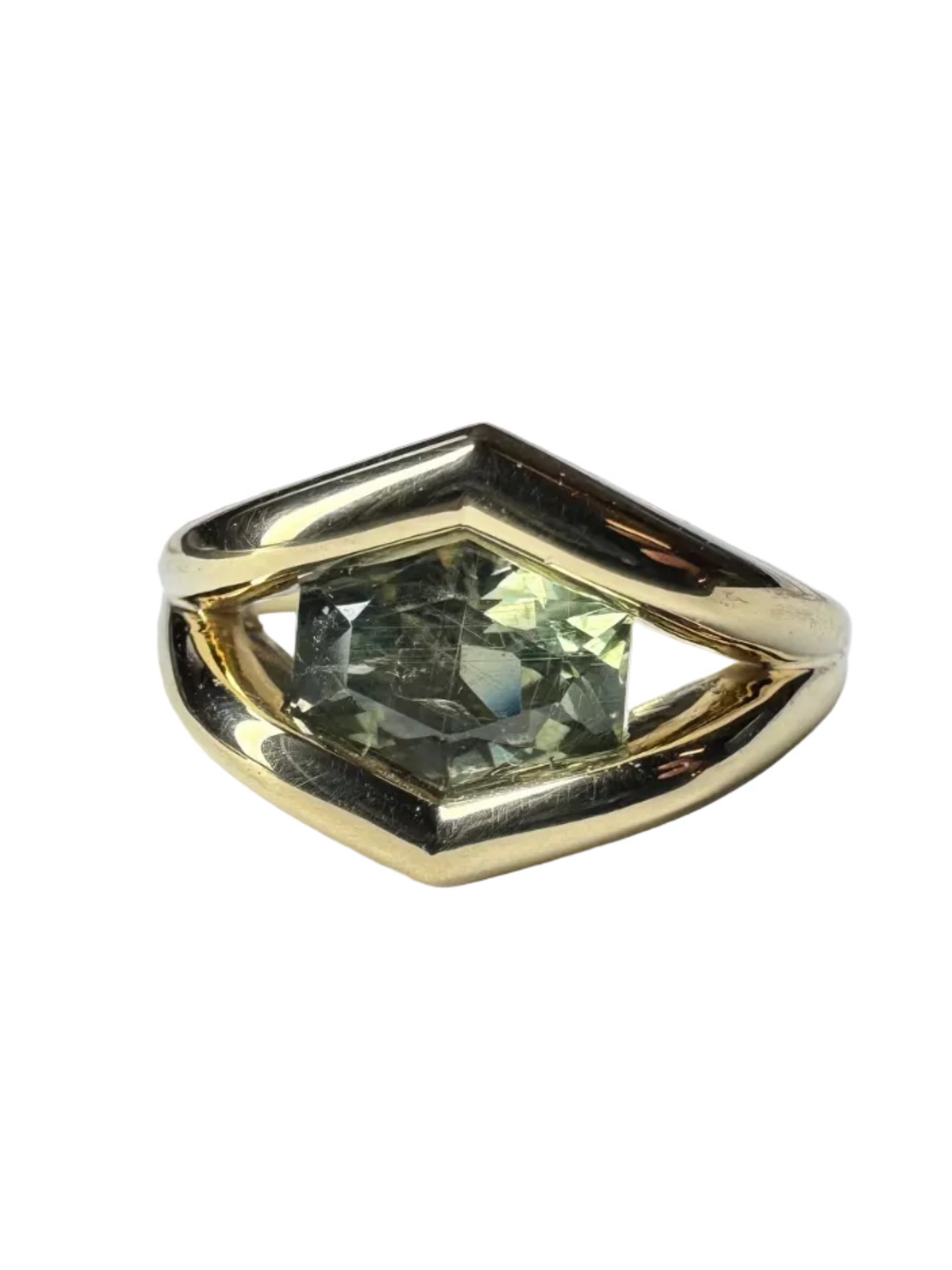 1.65ct Light Green Shield Montana Sapphire Rosetta/Hazel Ring 14K Yellow Gold