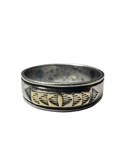 Vintage Sterling Silver and 14K Yellow Gold Stamped Band