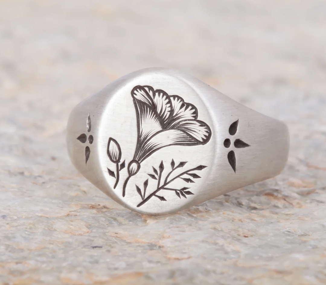 Engraved Poppy Oval Signet ring
